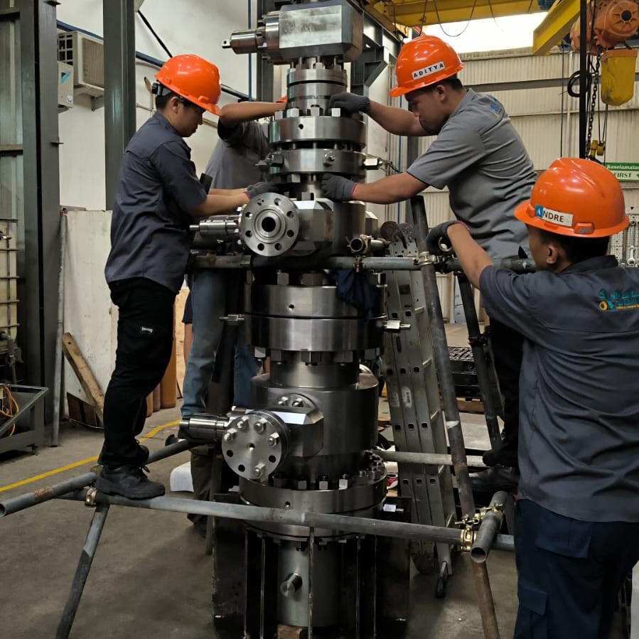 Technicians assembling wellhead equipment in a workshop